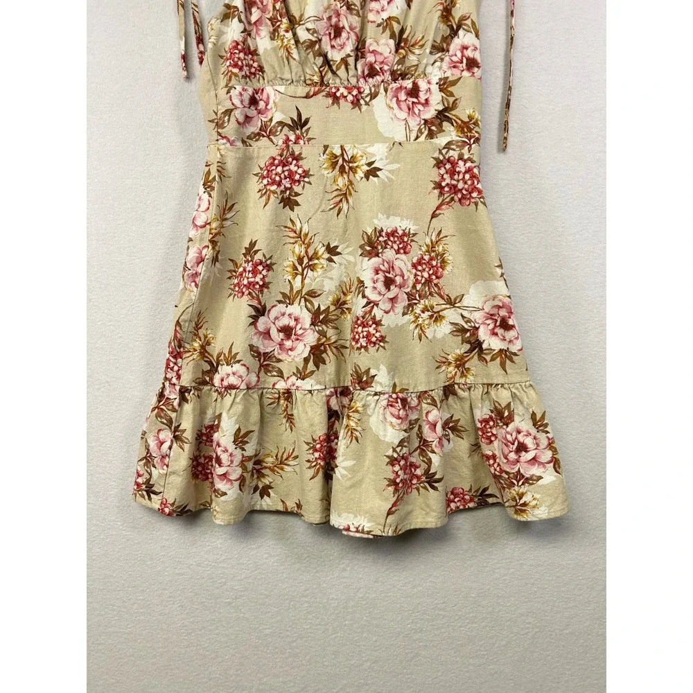 Speechless Floral Print‎ Mini Dress Tan Pink White Ruffle Hem - Picture 7 of 9